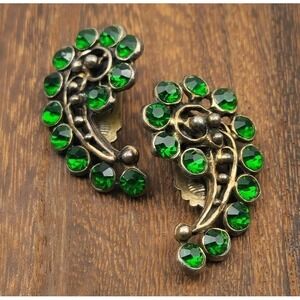Vintage Silver & Emerald Green Rhinestone Clip On Earrings Marked Mexico Paisley